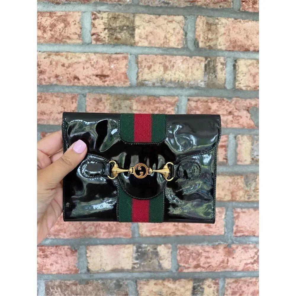 Gucci Womens Web Horsebit Sherry Clutch Flap Envelope Wallet Black